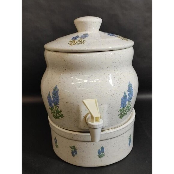 VTG Artisan Handmade 3 pc Ceramic Hot Cold Drink Dispenser Blue Bonnet Floral - Picture 1 of 9